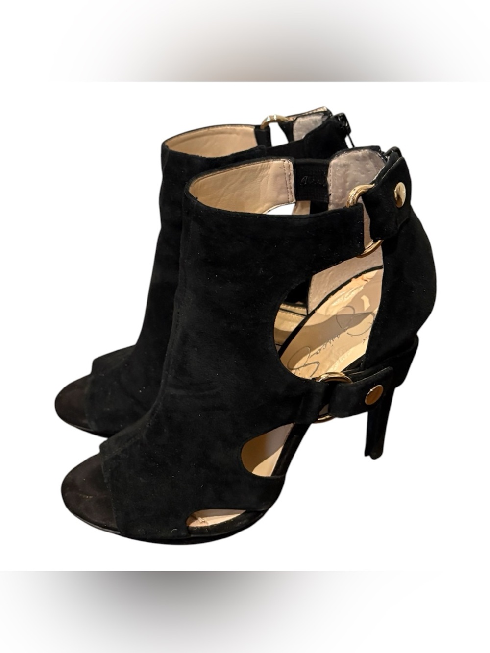 JESSICA SIMPSON Black Suede Peep Tow Cutout High Heels - Picture 5 of 6